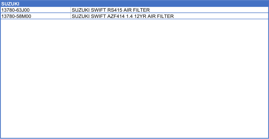 SUZUKI        13780-63J00 SUZUKI SWIFT RS415 AIR FILTER 13780-58M00 SUZUKI SWIFT AZF414 1.4 12YR AIR FILTER